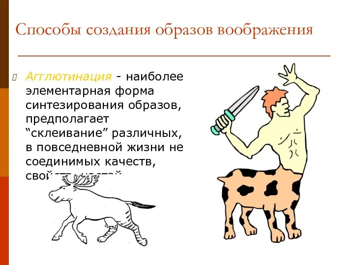 Способы создания образов воображения Агглютинация - наиболее элементарная форма синтезирования образов, предполагает