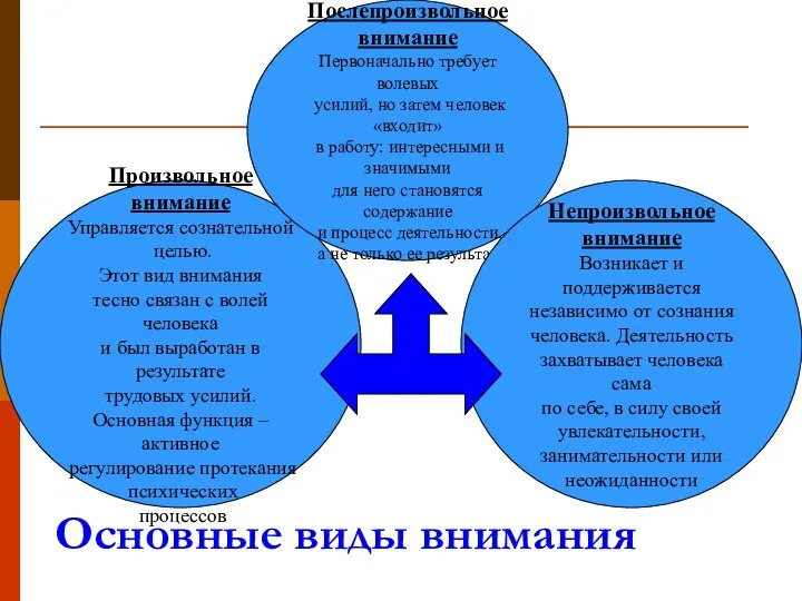 Основные виды внимания Произвольное внимание Управляется сознательной целью. Этот вид внимания тесно