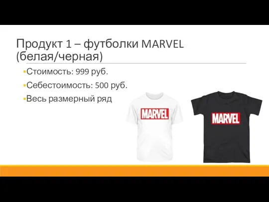 Продукт 1 – футболки MARVEL (белая/черная) Стоимость: 999 руб. Себестоимость: 500 руб. Весь размерный ряд
