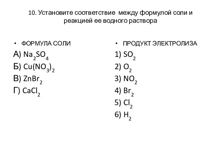 10. Установите соответствие между формулой соли и реакцией ее водного раствора ФОРМУЛА