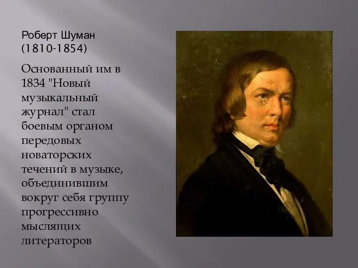 Роберт Шуман (1810-1854) Основанный им в 1834 "Новый музыкальный журнал" стал боевым