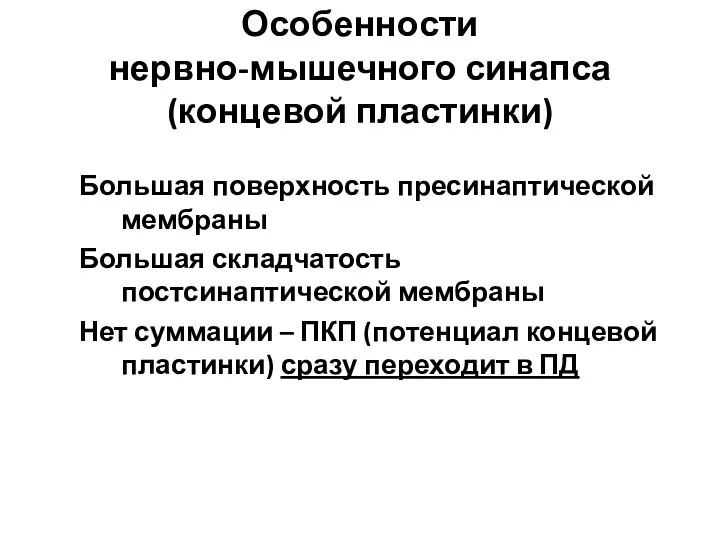 Особенности нервно-мышечного синапса (концевой пластинки) Большая поверхность пресинаптической мембраны Большая складчатость постсинаптической