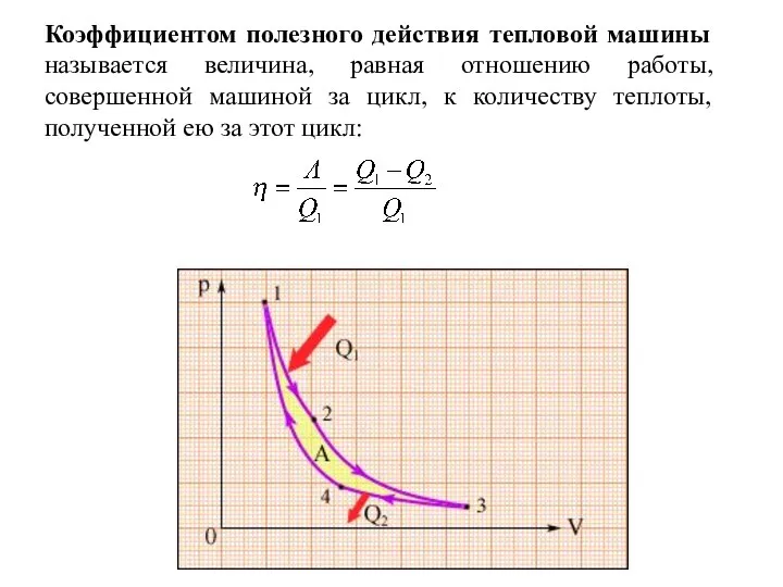 Коэффициентом полезного действия тепловой машины называется величина, равная отношению работы, совершенной машиной