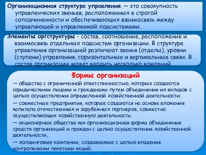 Организационная структура управления — это совокупность управленческих звеньев, расположенных в строгой соподчиненности