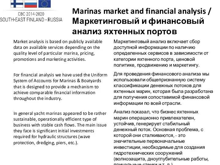 Marinas market and financial analysis / Маркетинговый и финансовый анализ яхтенных портов