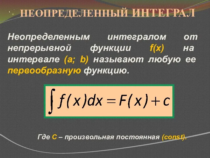 НЕОПРЕДЕЛЕННЫЙ ИНТЕГРАЛ Неопределенным интегралом от непрерывной функции f(x) на интервале (a; b)