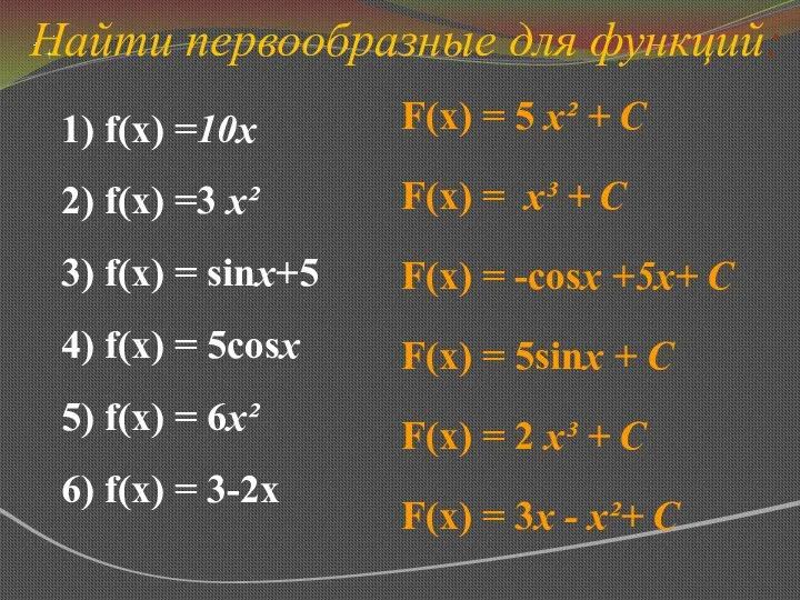 Найти первообразные для функций: F(x) = 5 х² + C F(x) =