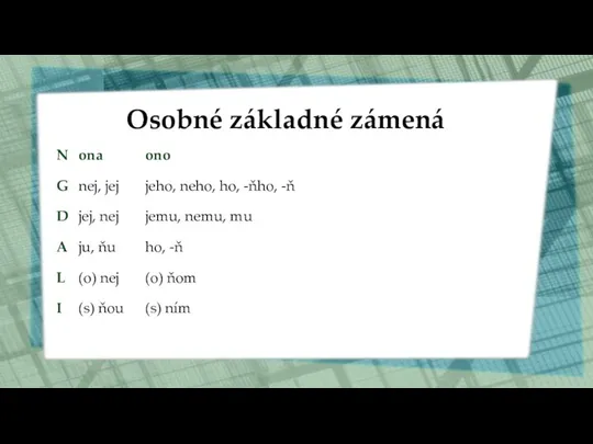 Osobné základné zámená N ona ono G nej, jej jeho, neho, ho,