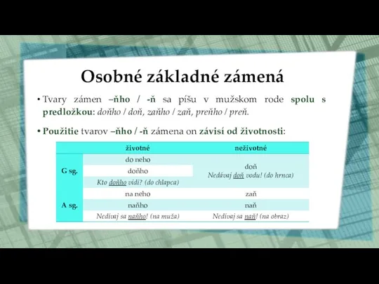 Osobné základné zámená Tvary zámen –ňho / -ň sa píšu v mužskom