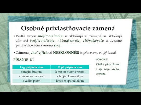 Osobné privlastňovacie zámená Podľa vzoru môj/moja/moje sa skloňujú aj zámená sa skloňujú