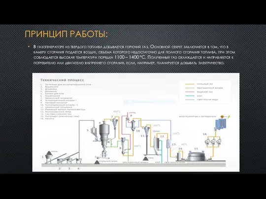 ПРИНЦИП РАБОТЫ: В газогенераторе из твердого топлива добывается горючий газ. Основной секрет