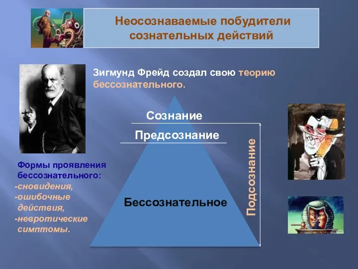 Неосознаваемые побудители сознательных действий Зигмунд Фрейд создал свою теорию бессознательного. Сознание Предсознание