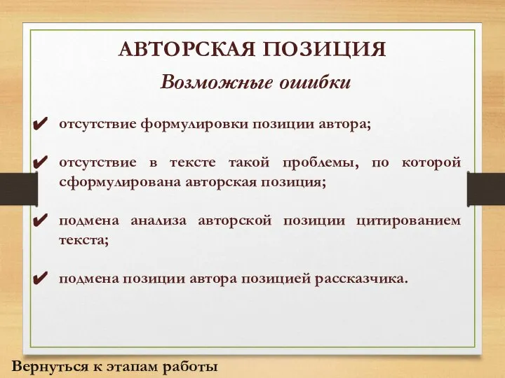 АВТОРСКАЯ ПОЗИЦИЯ Возможные ошибки отсутствие формулировки позиции автора; отсутствие в тексте такой