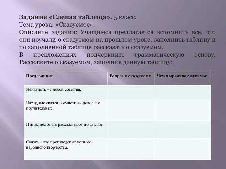 Задание «Слепая таблица». 5 класс. Тема урока: «Сказуемое». Описание задания: Учащимся предлагается