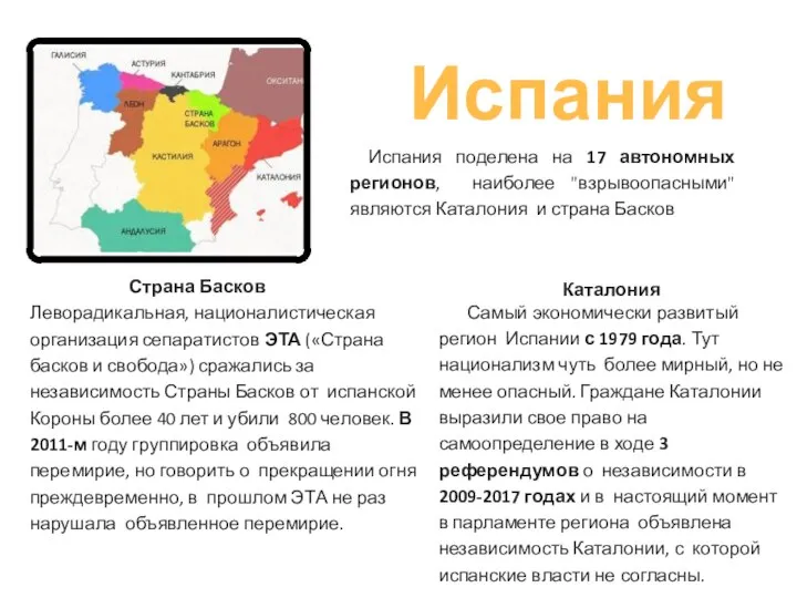 Испания Испания поделена на 17 автономных регионов, наиболее "взрывоопасными" являются Каталония и