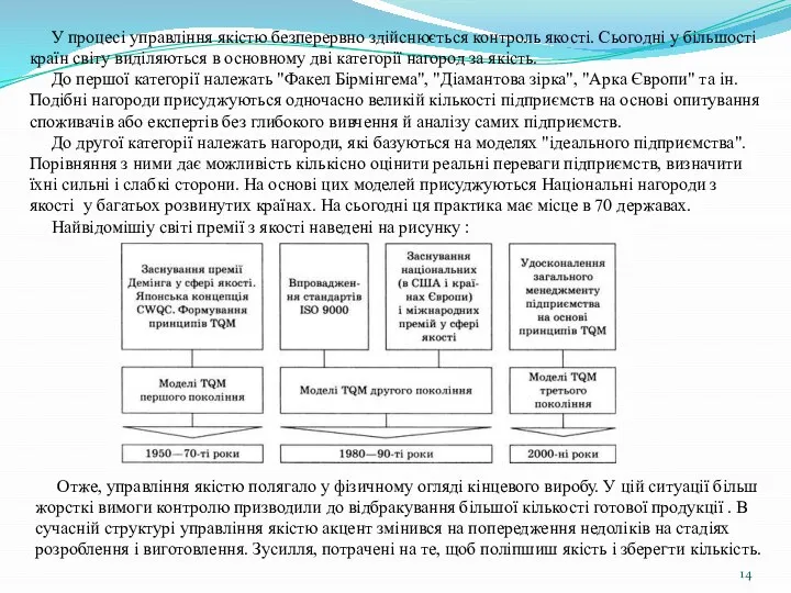 У процесі управління якістю безперервно здійснюється контроль якості. Сьогодні у більшості країн