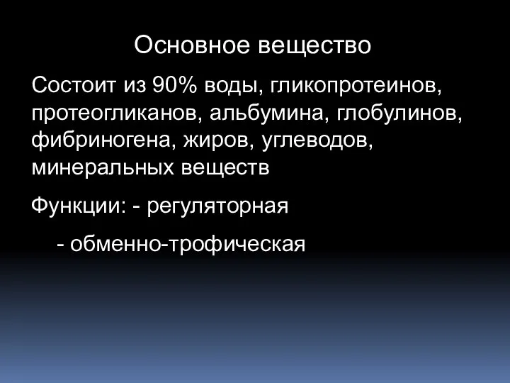 Основное вещество Состоит из 90% воды, гликопротеинов, протеогликанов, альбумина, глобулинов, фибриногена, жиров,