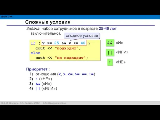 Сложные условия Задача: набор сотрудников в возрасте 25-40 лет (включительно). if (
