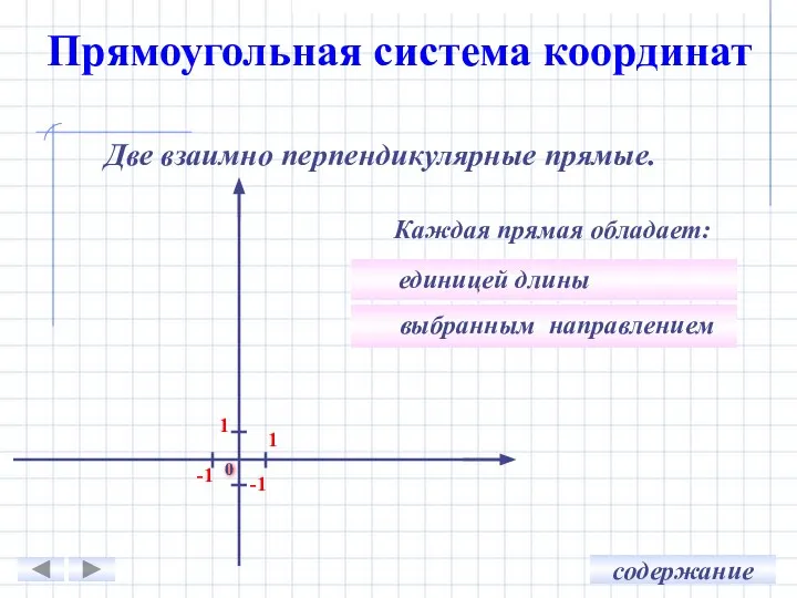 Две взаимно перпендикулярные прямые. Каждая прямая обладает: выбранным направлением единицей длины 1