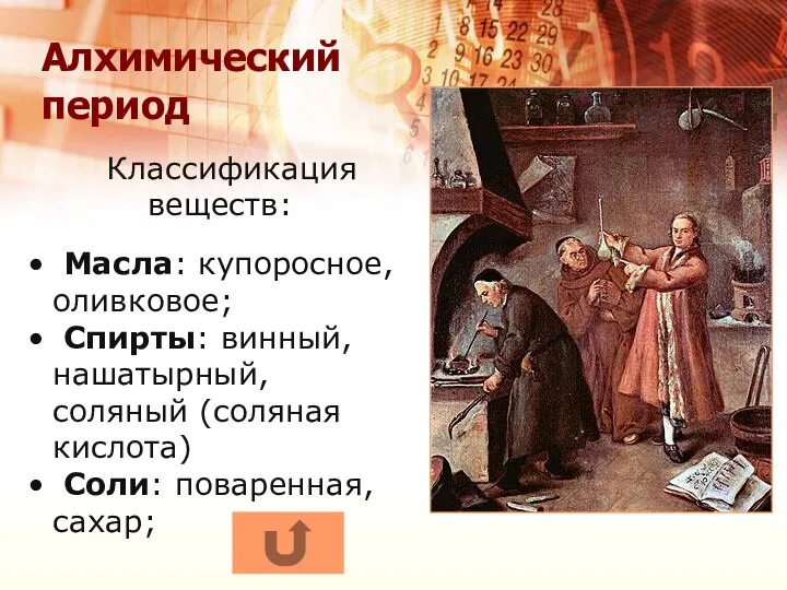 Алхимический период Классификация веществ: Масла: купоросное, оливковое; Спирты: винный, нашатырный, соляный (соляная кислота) Соли: поваренная, сахар;