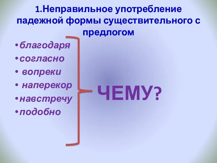 благодаря согласно вопреки наперекор навстречу подобно 1.Неправильное употребление падежной формы существительного с предлогом ЧЕМУ?