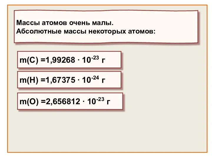 Массы атомов Массы атомов очень малы. Абсолютные массы некоторых атомов: m(C) =1,99268