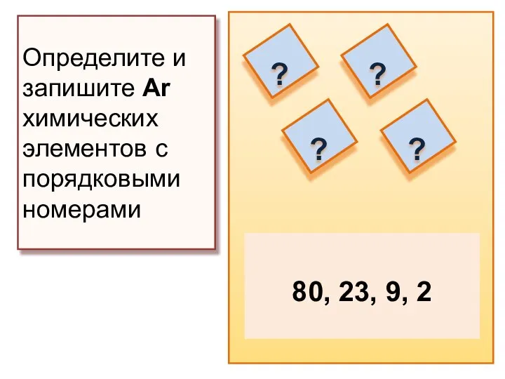 80, 23, 9, 2 Определите и запишите Ar химических элементов с порядковыми номерами