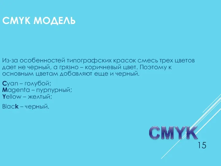 CMYK МОДЕЛЬ Из-за особенностей типографских красок смесь трех цветов дает не черный,