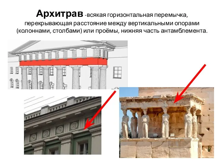 Архитрав -всякая горизонтальная перемычка, перекрывающая расстояние между вертикальными опорами (колоннами, столбами) или проёмы, нижняя часть антамблемента.