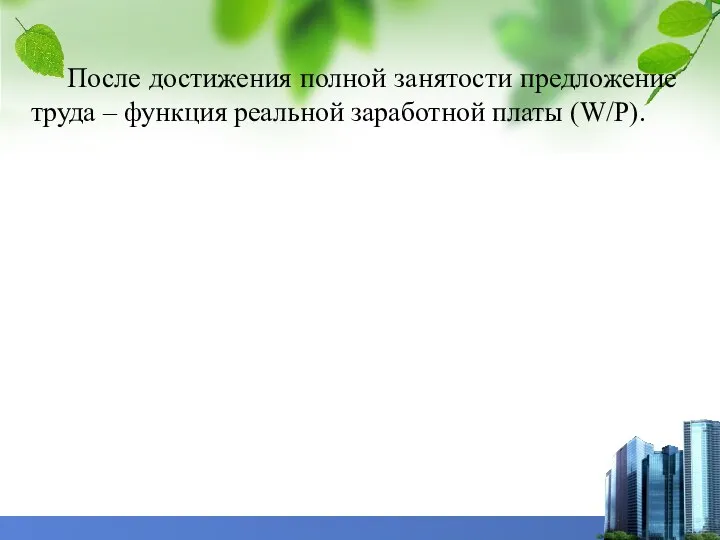 После достижения полной занятости предложение труда – функция реальной заработной платы (W/P).