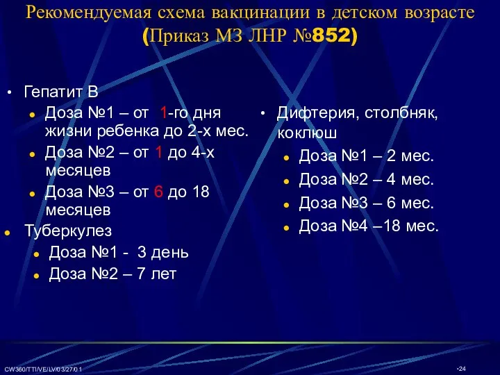 CW360/TTI/VE/LV/03/27/01 Рекомендуемая схема вакцинации в детском возрасте(Приказ МЗ ЛНР №852) Гепатит B