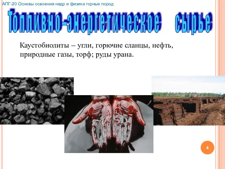 Каустобиолиты – угли, горючие сланцы, нефть, природные газы, торф; руды урана. То