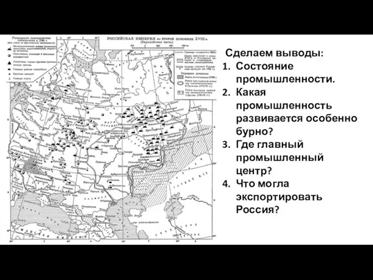 Сделаем выводы: Состояние промышленности. Какая промышленность развивается особенно бурно? Где главный промышленный