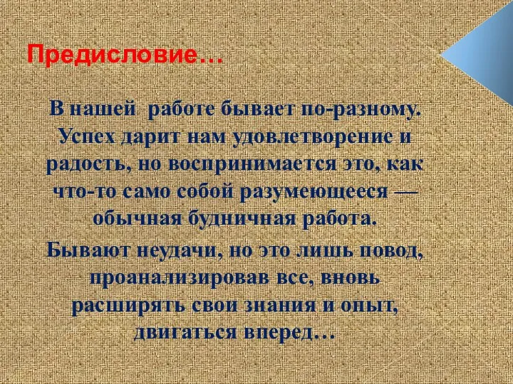 Предисловие… В нашей работе бывает по-разному. Успех дарит нам удовлетворение и радость,