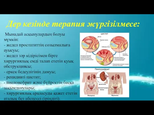 Дер кезінде терапия жүргізілмесе: Мынадай асқынулардың болуы мүмкін: - жедел простатиттің созылмалыға