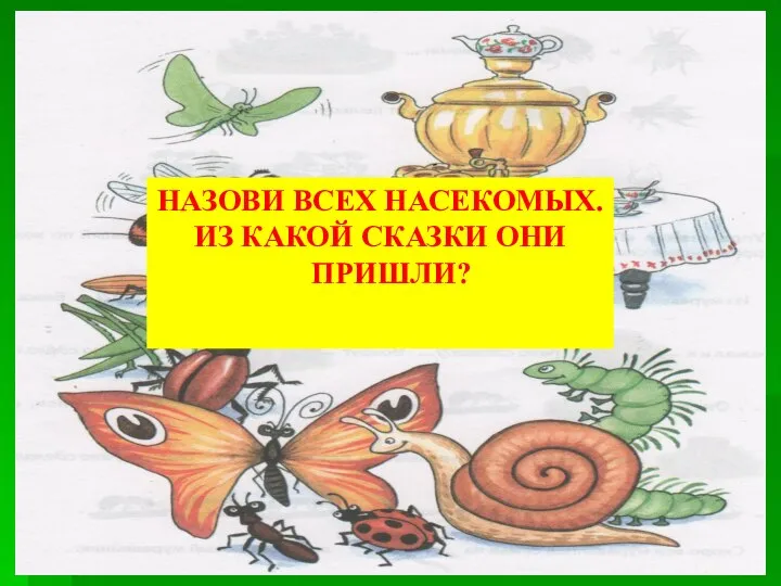 НАЗОВИ ВСЕХ НАСЕКОМЫХ. ИЗ КАКОЙ СКАЗКИ ОНИ ПРИШЛИ?