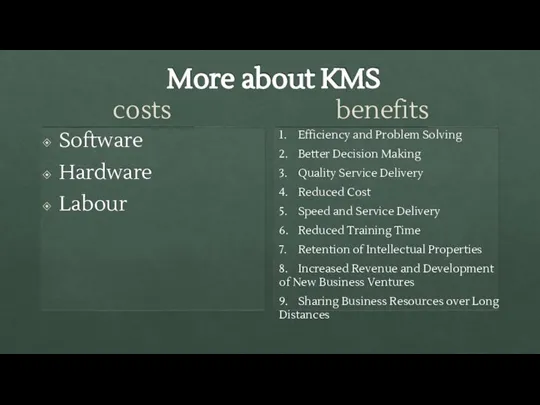More about KMS costs Software Hardware Labour benefits 1. Efficiency and Problem