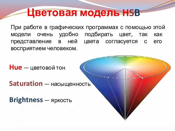 Цветовая модель HSB Hue — цветовой тон Saturation — насыщенность Brightness —