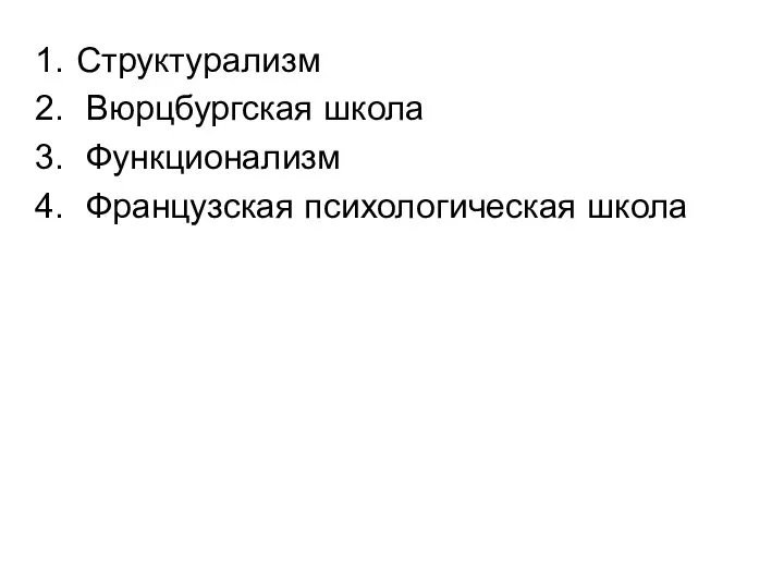 Структурализм Вюрцбургская школа Функционализм Французская психологическая школа