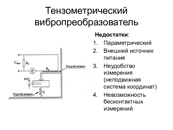 Тензометрический вибропреобразователь Недостатки: Параметрический Внешний источник питания Неудобство измерения (неподвижная система координат) Невозможность бесконтактных измерений