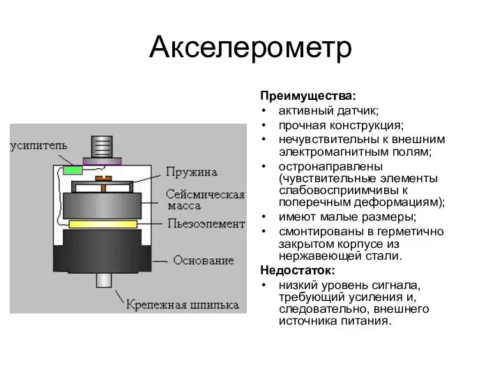 Акселерометр Преимущества: активный датчик; прочная конструкция; нечувствительны к внешним электромагнитным полям; остронаправлены