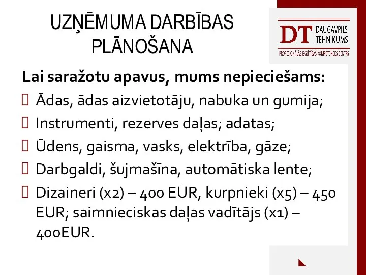 UZŅĒMUMA DARBĪBAS PLĀNOŠANA Lai saražotu apavus, mums nepieciešams: Ādas, ādas aizvietotāju, nabuka