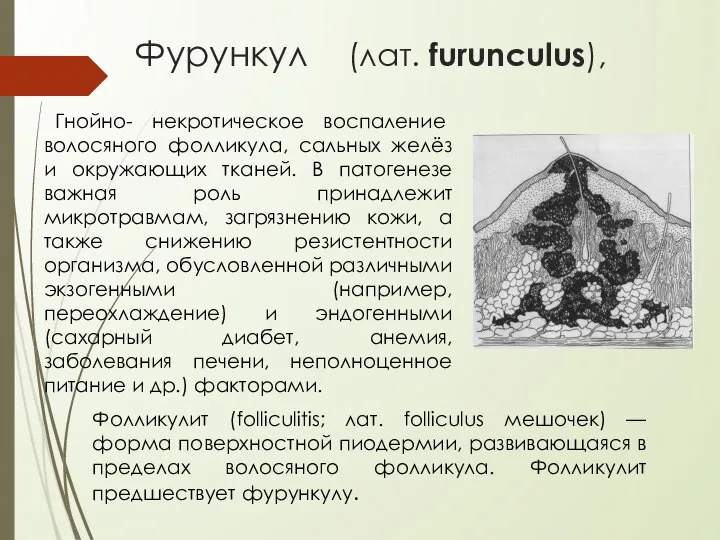 Фурункул (лат. furunculus), Фолликулит (folliculitis; лат. folliculus мешочек) — форма поверхностной пиодермии,