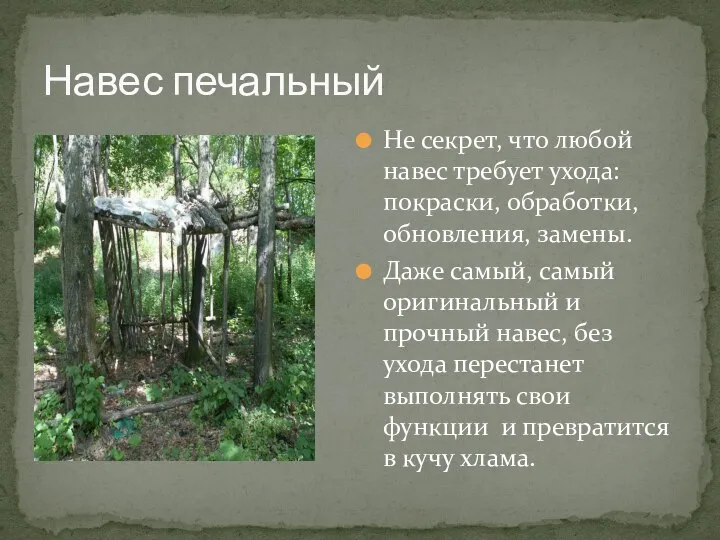 Навес печальный Не секрет, что любой навес требует ухода: покраски, обработки, обновления,