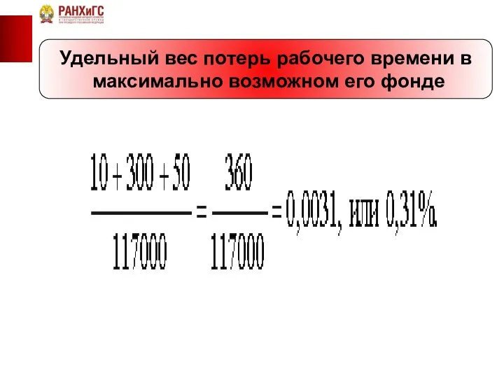 Удельный вес потерь рабочего времени в максимально возможном его фонде