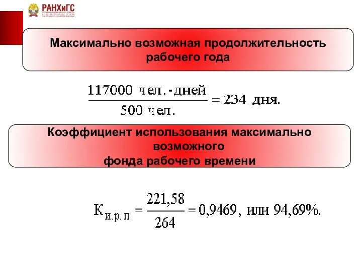 Максимально возможная продолжительность рабочего года Коэффициент использования максимально возможного фонда рабочего времени