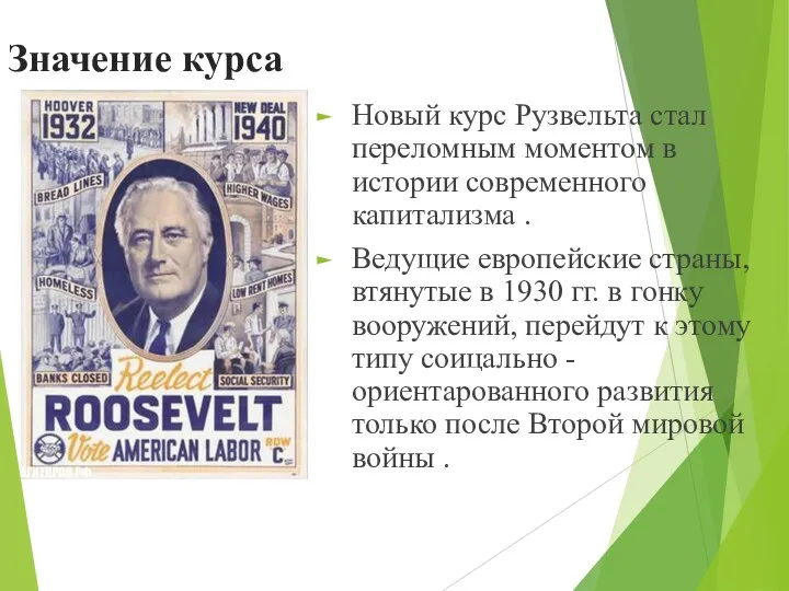 Значение курса Новый курс Рузвельта стал переломным моментом в истории современного капитализма
