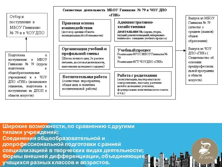 Широкие возможности, по сравнению с другими типами учреждений; Соединения общеобразовательной и допрофессиональной