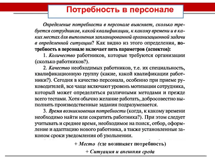 Потребность в персонале + Место (где возникает потребность) + Ситуация и внешняя среда