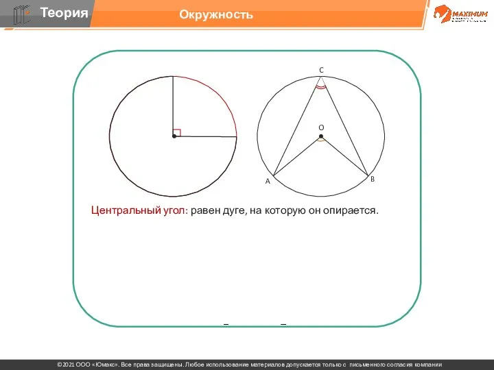 Центральный угол: равен дуге, на которую он опирается. Вписанный угол: равен половине